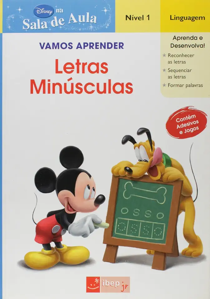 Capa do Livro Vamos Aprender Letras Minúsculas- Mickey - Linguagem Nível 1 - Coleção Disney na Sala de Aula - Linda Vahey