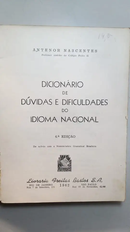 Capa do Livro Dicionário de Dúvidas e Dificuldades do Idioma Nacional - Antenor Nascentes